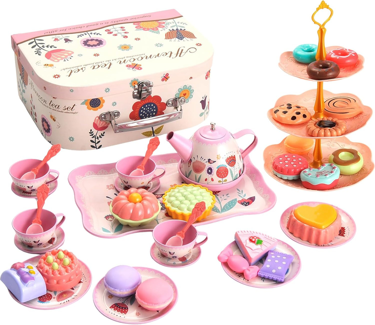 PowerTRC Tea Set for Little Girls, 48 Pcs Princess Tea Party Set for Toddlers 3 4 5 6 7 8 Years Old Girl Pretend Toys Birthday Gift with Tin Tea Set, Utensils, Desserts & Carrying Case