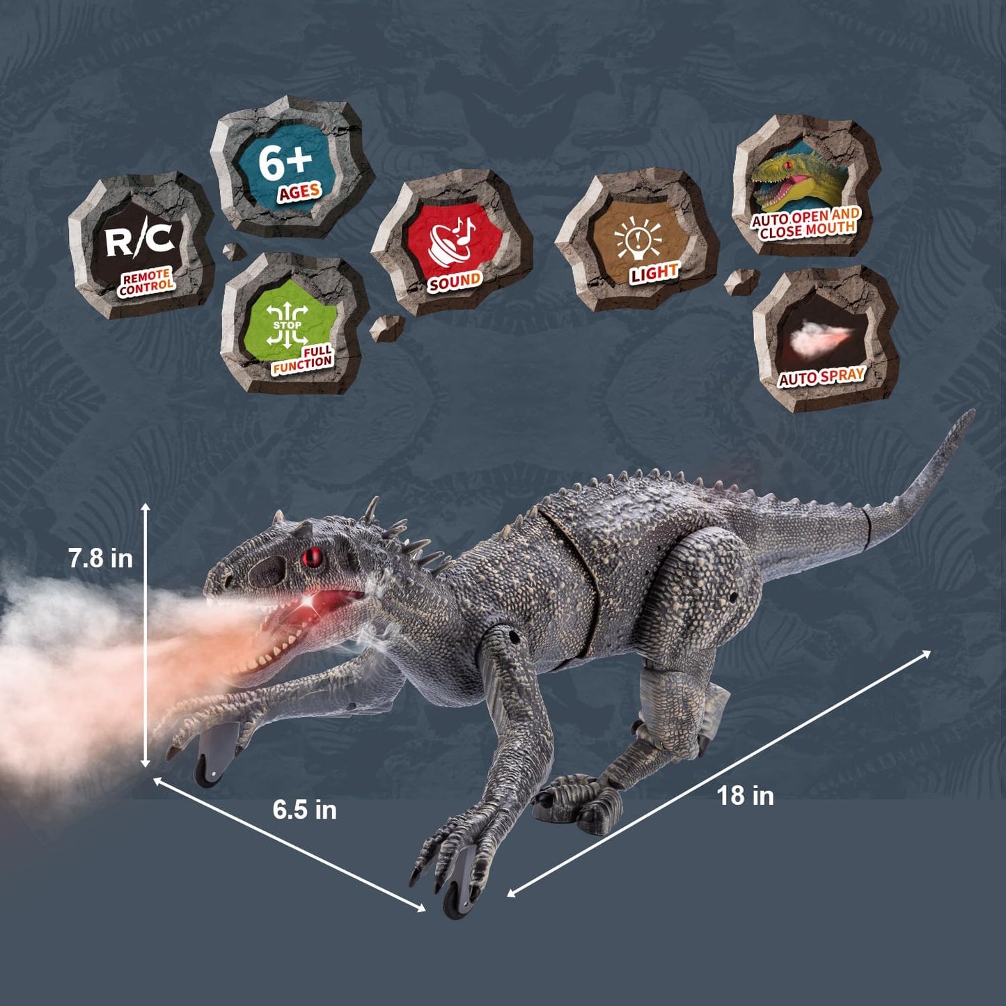 Remote Control Dinosaur, Auto Mist Spraying RC LED Sound Rechargeable USB Port Realistic Outdoor 2.4G RC Dinosaur Toys