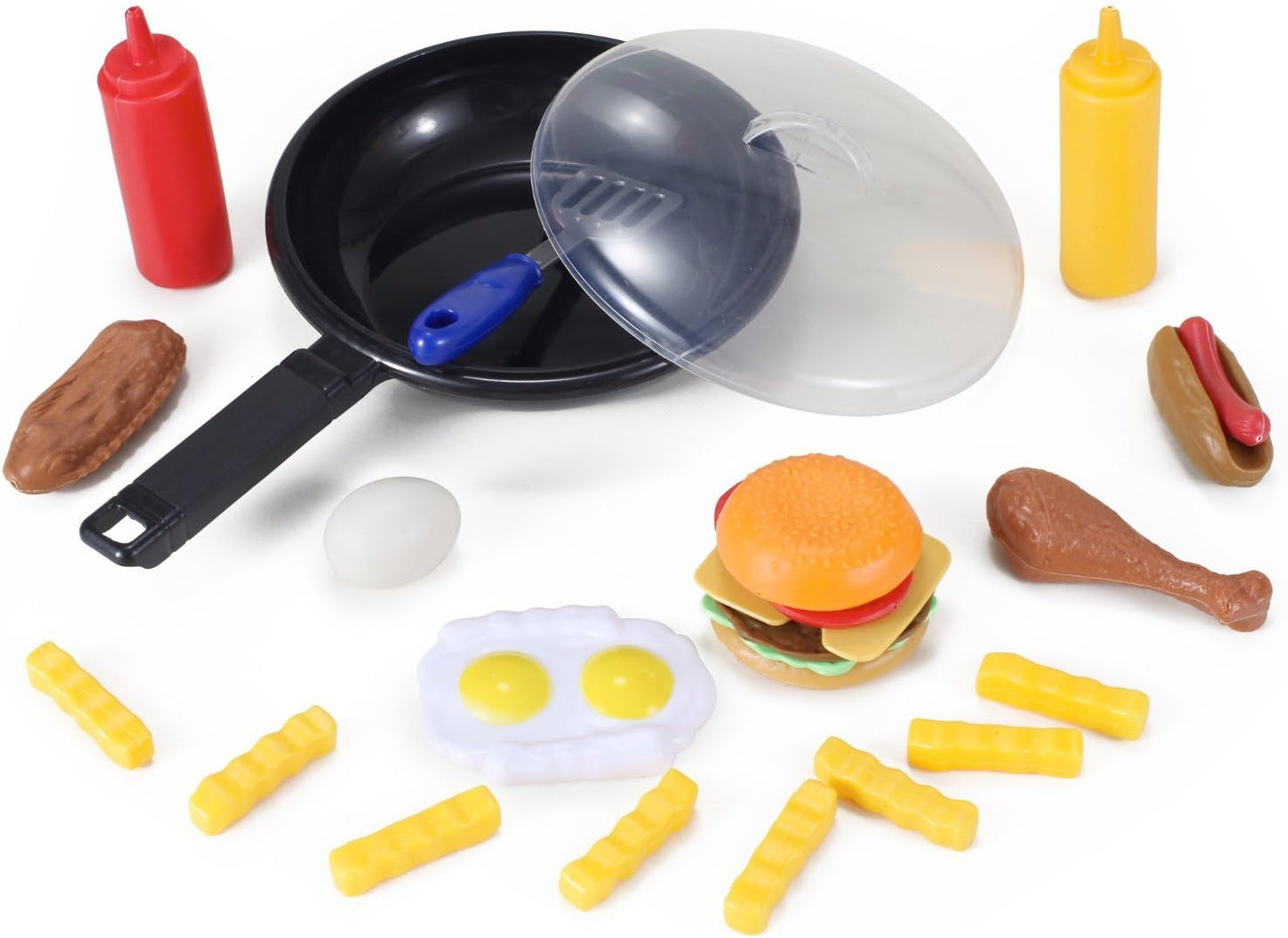 25 Pcs Play Food Kids Toy Set for Toddlers, Kitchen Cooking Toy Fast Food Pretend Play Toy Grill Set with Pan, Spatula & Sauce Bottles