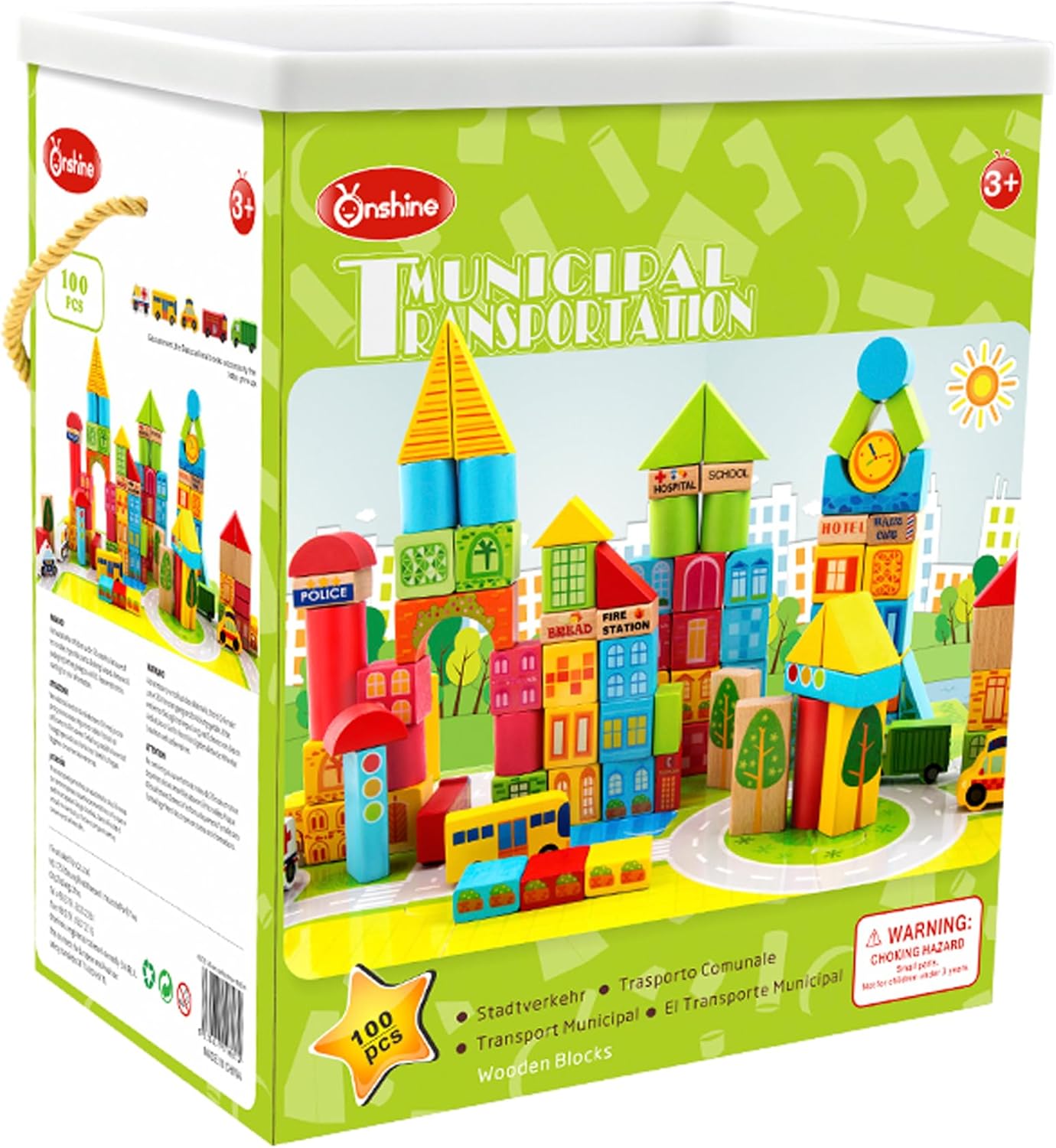 PowerTRC Wooden City & Transportation Colorful Building Blocks for Boys & Girls | Toddler Construction Stacking Toy Set with Storage Container (100 Pieces)