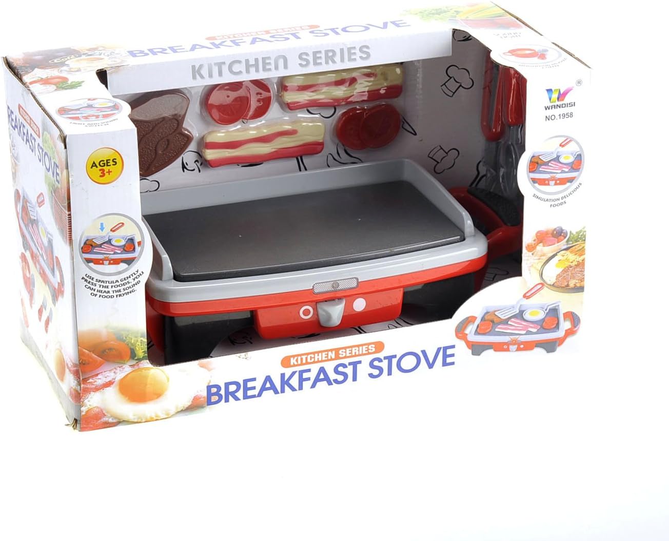 Breakfast Kids Toy Grill Playset for Ages 4-8, Cooking Toys Play Grill Set for Kids, Pretend BBQ Grill with Realistic Sounds Foods Utensils