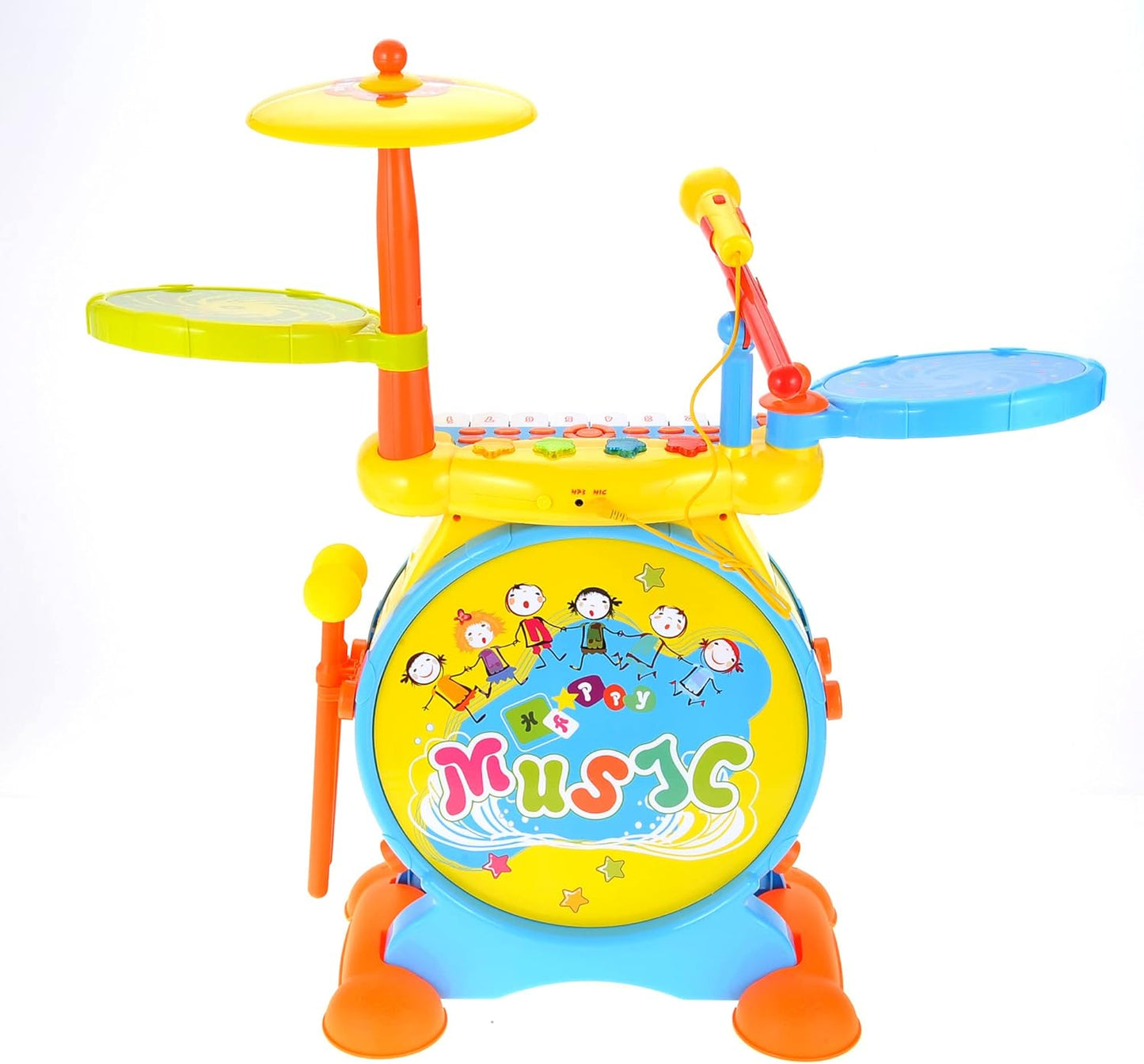 PowerTRC Deluxe 2 in 1 Keyboard and Drum Set Toy for Kids | Children's Musical Instrument Play Set Comes with Drum Set, Piano and Microphone | Colorful Lights and Sing-Along (Yellow)