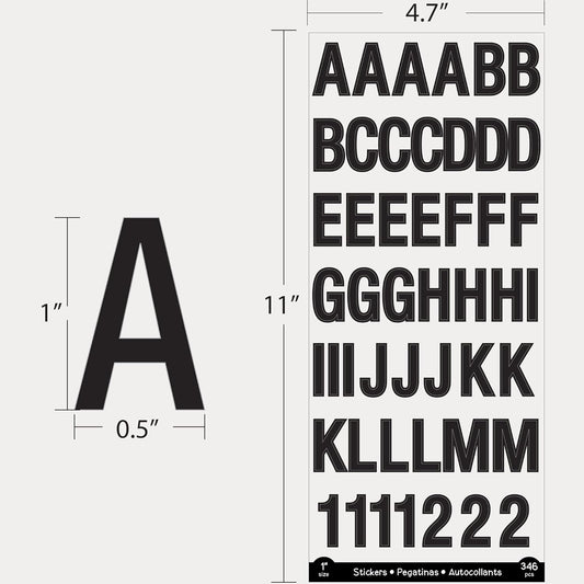 Alphabet Numbers Stickers Black Colors, 1" A to Z 0 to 9 Self-Adhesive Sticker for DIY Cards Scrapbooks Labeling (346/Pack), 1-Pack