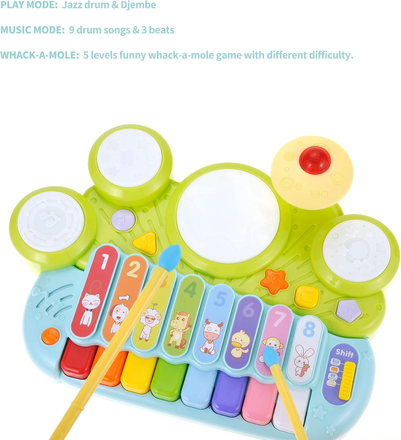 3 in 1 Musical Instrument Toy for Baby & Toddler, Electronic Piano Keyboard with Xylophone and Drum Set, Learning Toy with Lights and Sound, Educational Montessori Toys for Babies