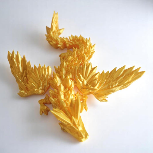 PowerTRC 3D Printed Crystal Dragon with Wings (Gold Color) – Flexible 9 Inch 3D Printed Toy Dragon, Great for Gift Bags, Desk Decor, Party Favors
