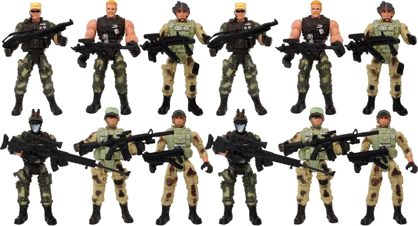 PowerTRC 12 Pack Special Forces Action Army Combat Military, War Men Weapons Figures and Accessories Pose-able Toy Play Set for Kids (4-Inches)