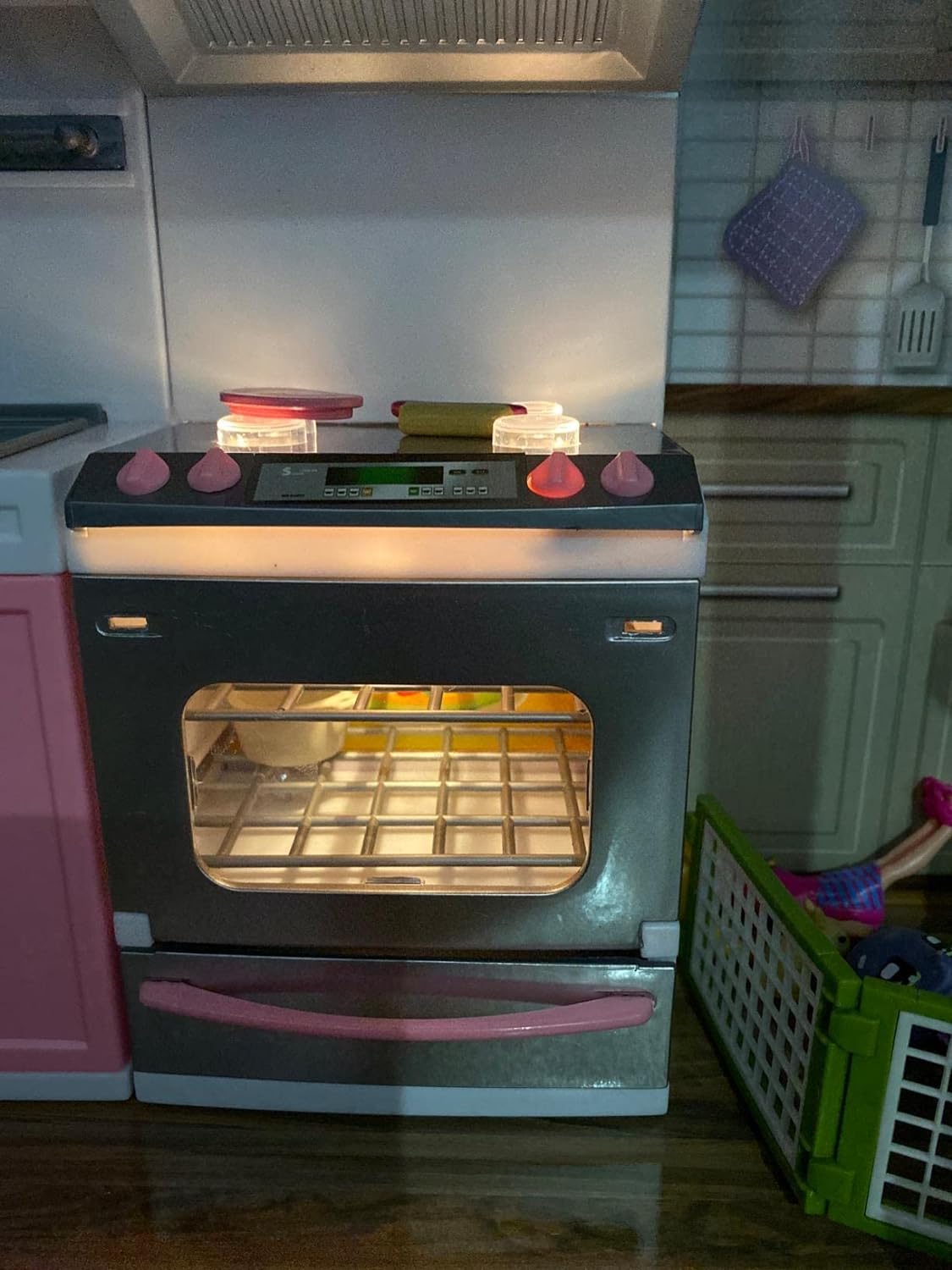 Kitchen Play Set, Mini Modern Toy Pink Kitchen Pretend Play Furnitures Toy Set Accessories Set with Realistic Light & Sound for Kids Toddlers Girls (4-in-1)