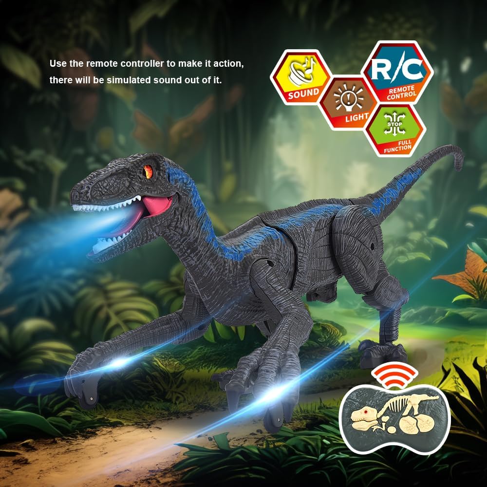 Remote Control Dinosaur for Kids Ages 3 4 5 6 7 8 9 10, RC LED Roaring Sound Rechargeable USB Port Realistic Outdoor 2.4G RC Dinosaur Toys Gifts for Boys Kids 3-10 Years Old Velociraptor Toys, Gray