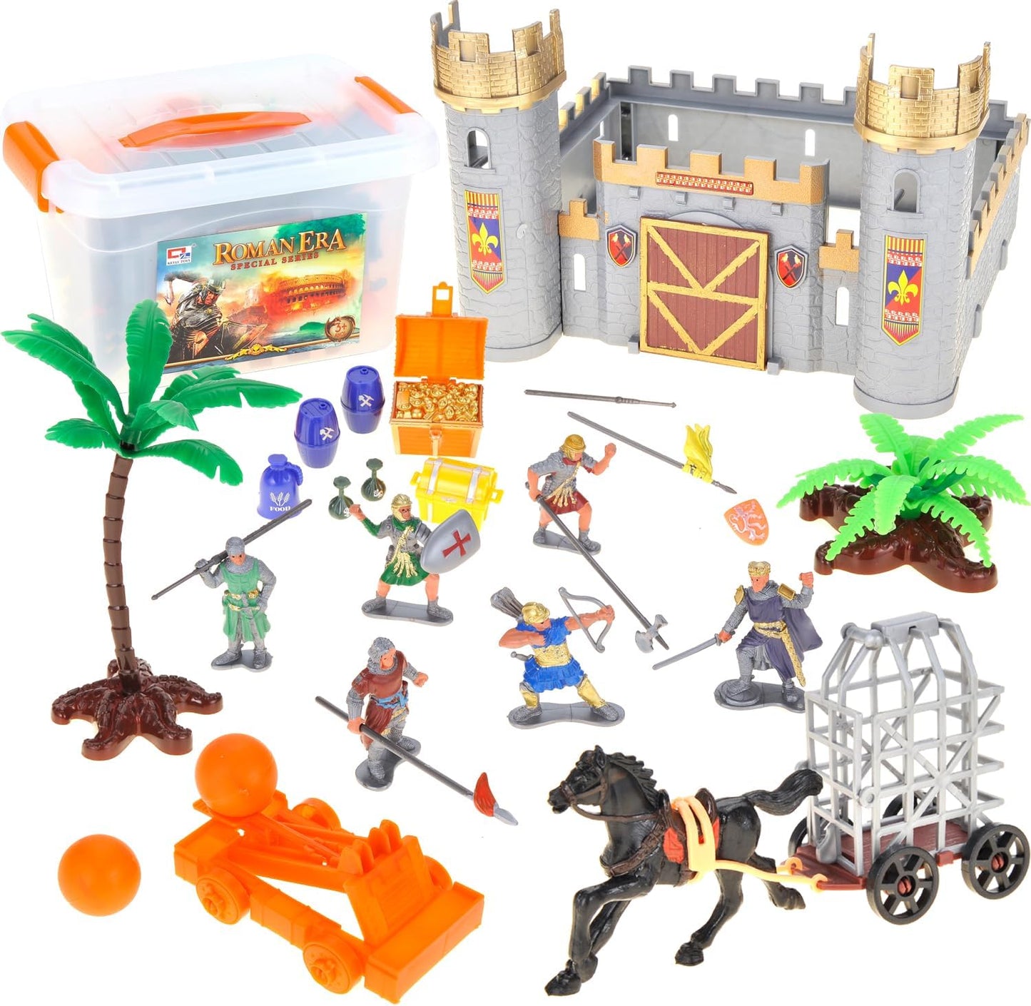 Roman Era Kingdom Action Figures with Toy Armys, Knights, Horse, Castle, Treasure Chests, Catapult and Figurines Playset for Kids