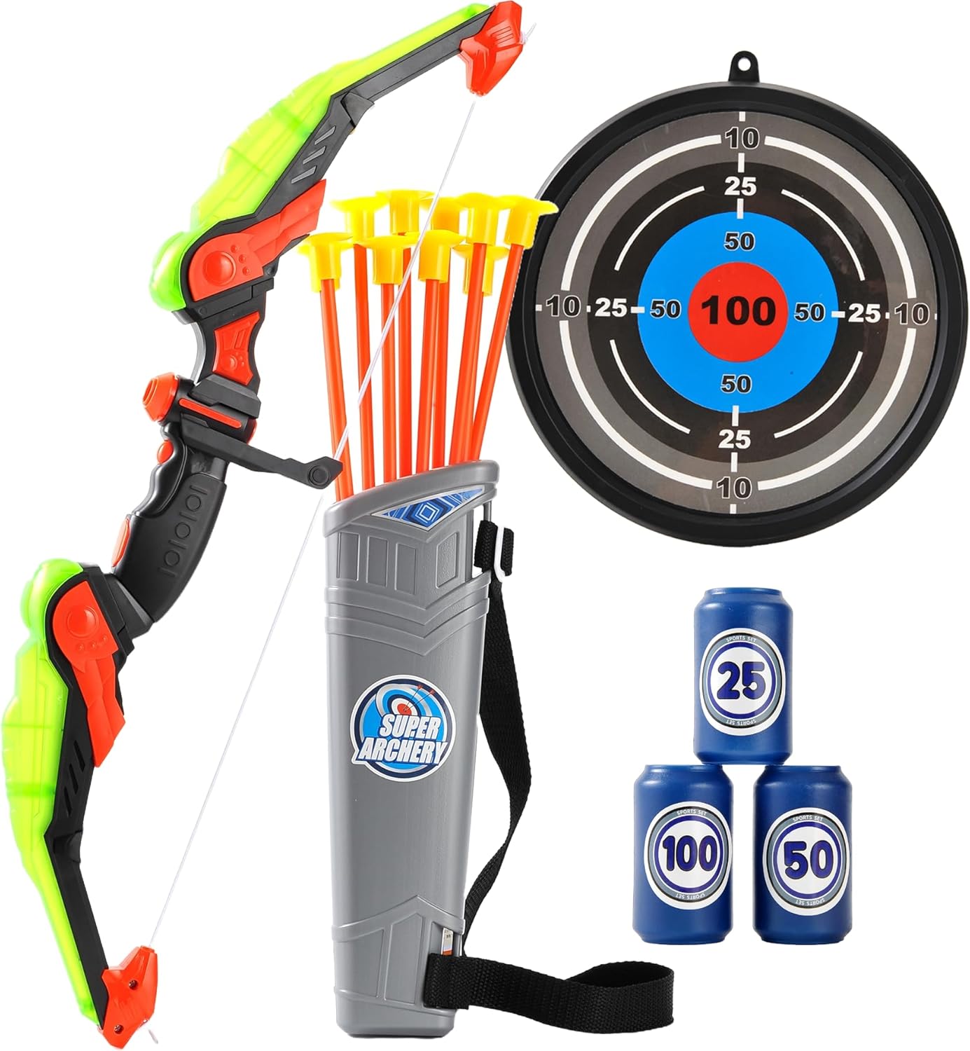 2 Pack Bow and Arrow Set for Kids 8-12, Suction Cup Bow and Arrow Game Set with Target Practice LED Light Up Kids Archery Set Outdoor Play Toys 2 Quivers 2 Blasters 20 Arrows & Darts