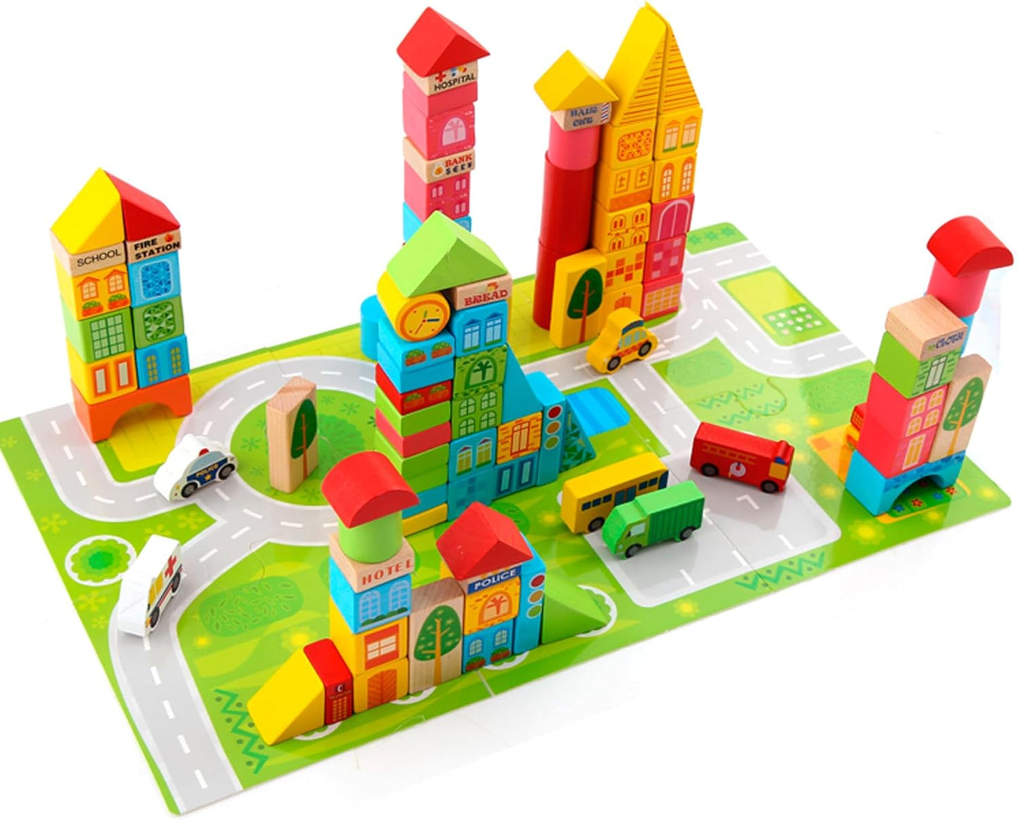 PowerTRC Wooden City & Transportation Colorful Building Blocks for Boys & Girls | Toddler Construction Stacking Toy Set with Storage Container (100 Pieces)