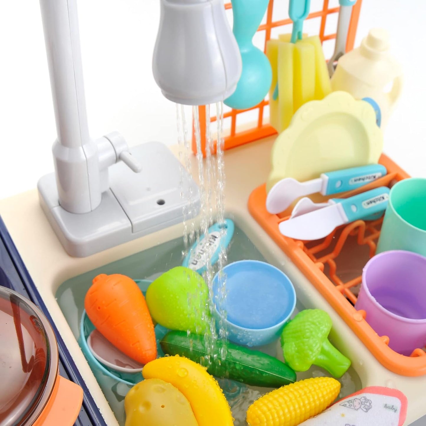 Pretend Kitchen Sink Play Set with Cooking Stove, Pots and Pans, Dishes and Cutting Food | Comes with Realistic Water Circulation and Spray | Lights and Sound (2 Sets)