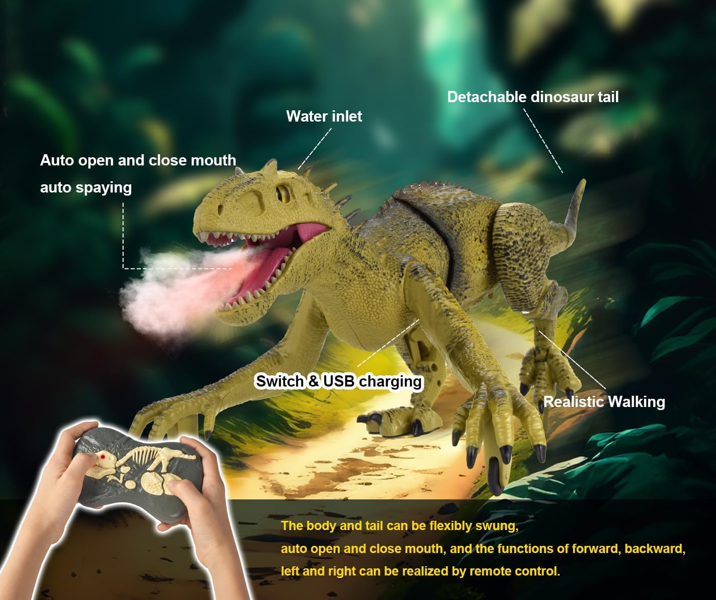 Remote Control Dinosaur for Kids Ages 3 4 5 6 7 8 9 10, Auto Mist Spraying RC LED Sound Rechargeable USB Port Realistic Outdoor 2.4G RC Dinosaur Toys Gifts for Boys Kids 3-10 Years Old Indo Rex Toys