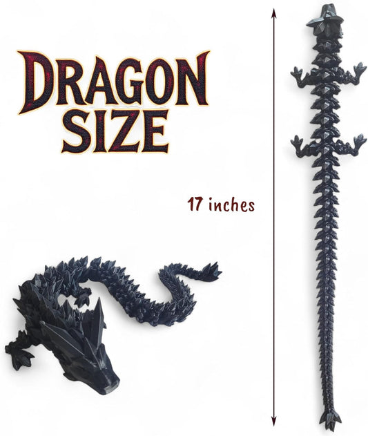 PowerTRC 3D Printed Dragon (Black Color) - Extra Large Flexible Fidget 3D Printed Crystal Dragon Toy, Gift Bag Filler, Desk Decoration, Party Favor, Easter Basket Stuffers (17 Inch Dragon)
