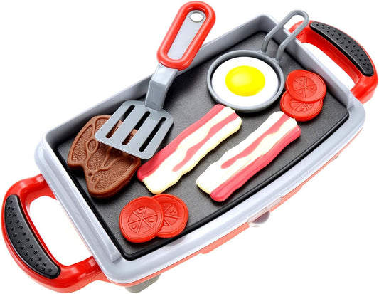 Breakfast Kids Toy Grill Playset for Ages 4-8, Cooking Toys Play Grill Set for Kids, Pretend BBQ Grill with Realistic Sounds Foods Utensils