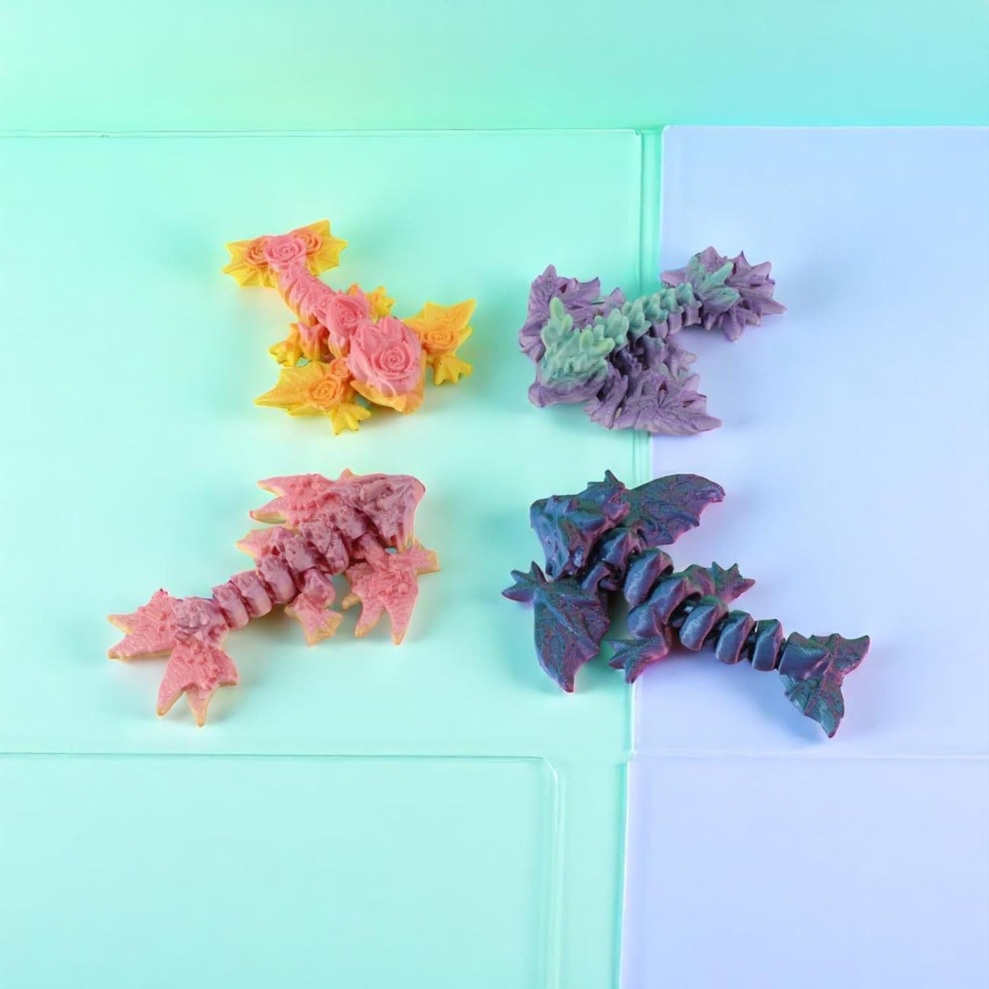 PowerTRC 3D Printed Cute Baby Dragon Wyverns (Pack of 10) – 3 Inch Articulated Desk Toys, Flexible Fidget Dragons, Party Favors, Gift Bag Fillers, Rainbow Mixed Colors with Drawstring Bag