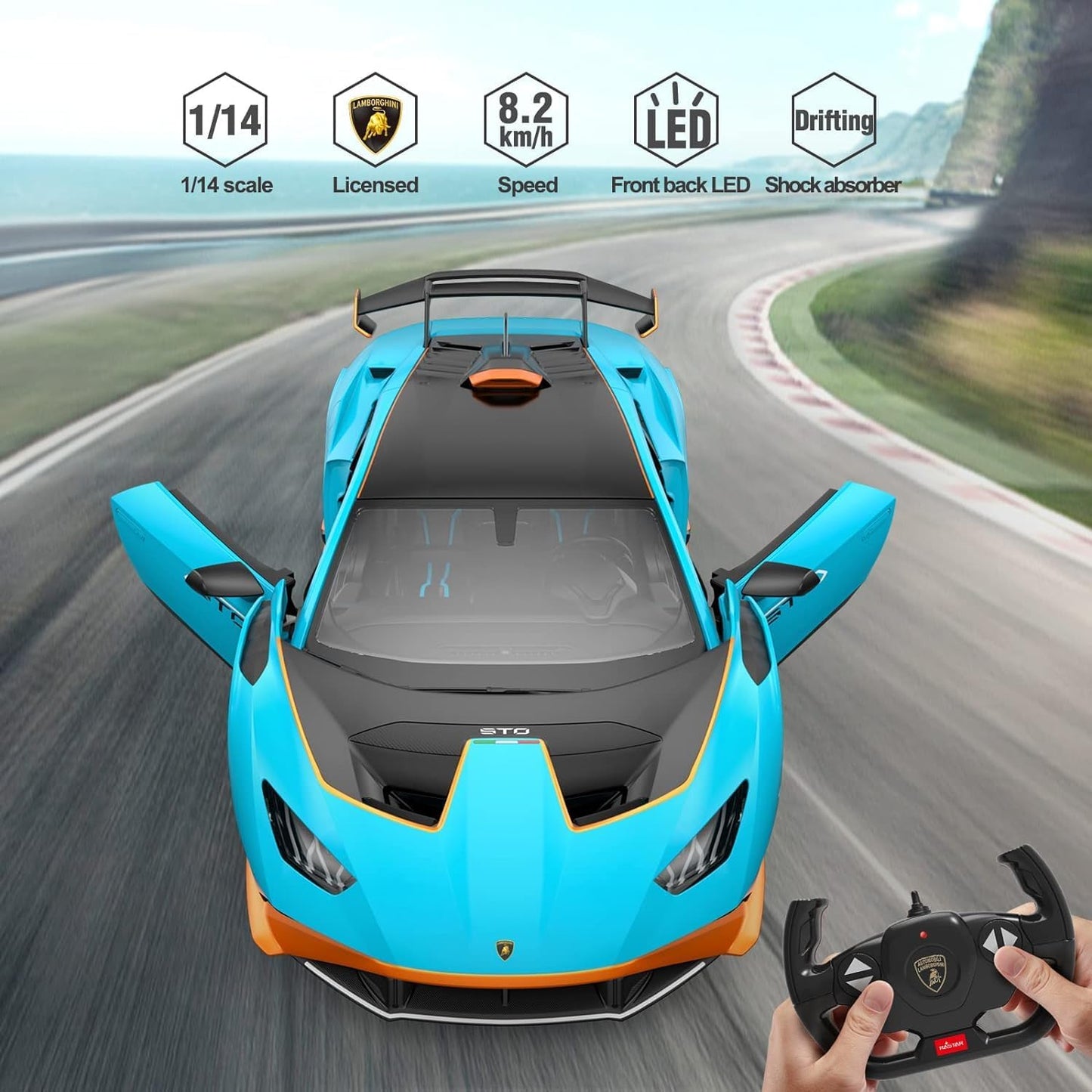 PowerTRC Official Licensed RC Lamborghini Car R/C 1/14 Lamborghini Huracan STO Model Car 2.4 GHZ Blue Lamborghini Toy Car Remote Control Car for Boys 8-12 Hobby RC Cars