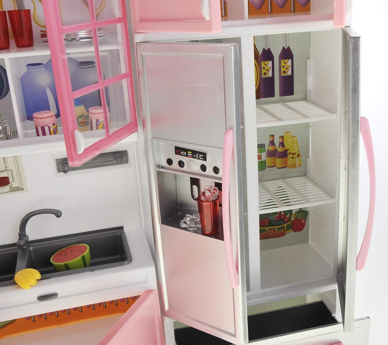 Doll Kitchen Play Set, Mini Modern Toy Pink Kitchen Pretend Play Furnitures Toy Set Accessories Set with Realistic Light & Sound for Kids Toddlers Girls (3-in-1)