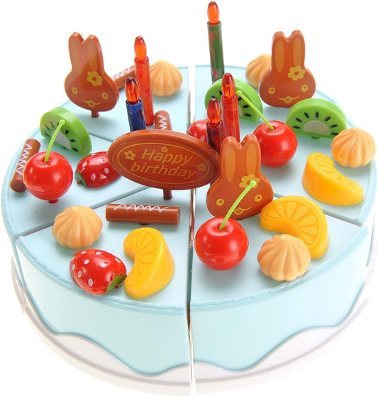 75 Pcs DIY Birthday Cake Food Cutting Kitchen Toy Set | Pretend Party Role Play Sweet Tea Party Set Gift with Cake, Ice Cream, Biscuit, Removable Candles & Stickers for Kids (Blue)