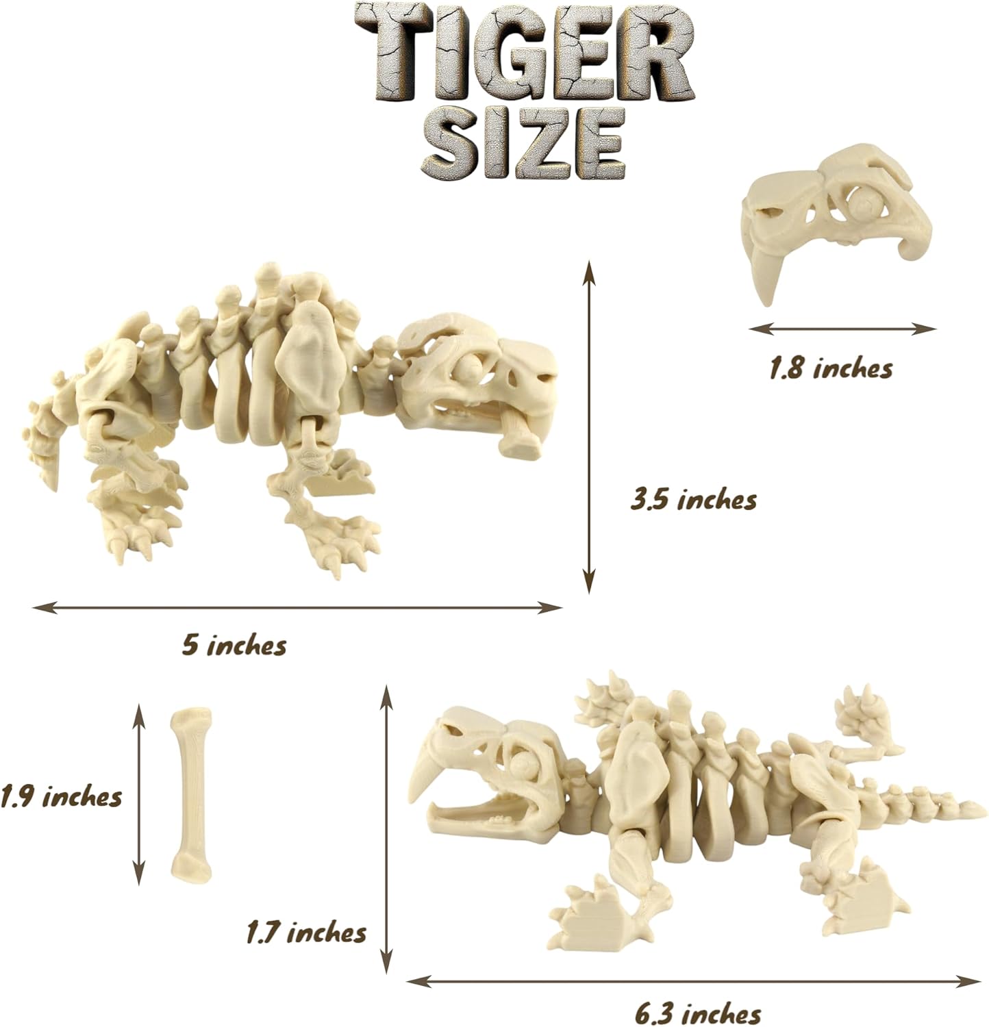 PowerTRC 3D Printed Skeleton Sabertooth Tiger – Prehistoric Collectible Articulating Mammals 3D Figurine Desk Decoration for Teens and Adults (Bone White)
