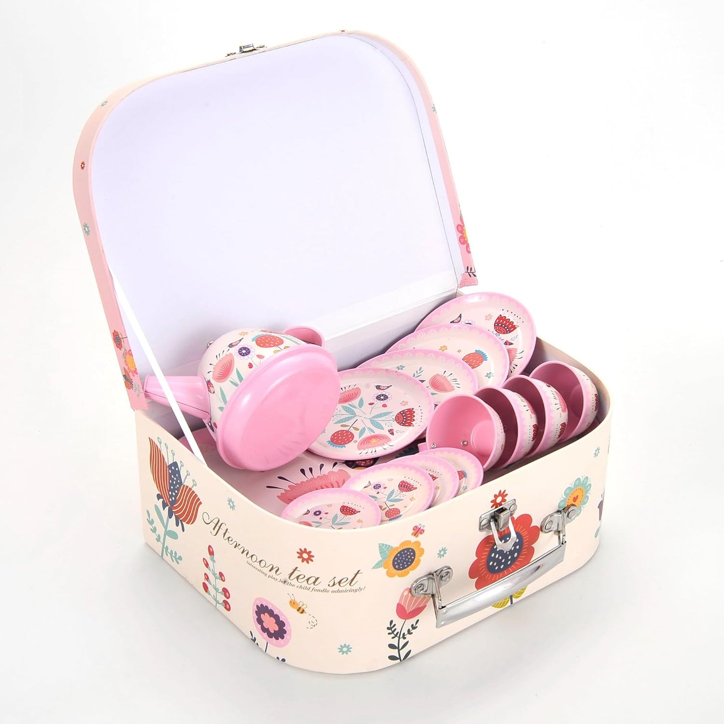 PowerTRC Tea Set for Little Girls, 48 Pcs Princess Tea Party Set for Toddlers 3 4 5 6 7 8 Years Old Girl Pretend Toys Birthday Gift with Tin Tea Set, Utensils, Desserts & Carrying Case