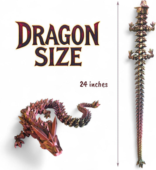 PowerTRC 3D Printed Crystal Dragon (Tri-Color Black Red Gold) - Extra Large Flexible 3D Printed Toy, Gift Bag Filler, Desk Decoration, Party Favor, Easter Basket Stuffers (24 Inch Dragon)