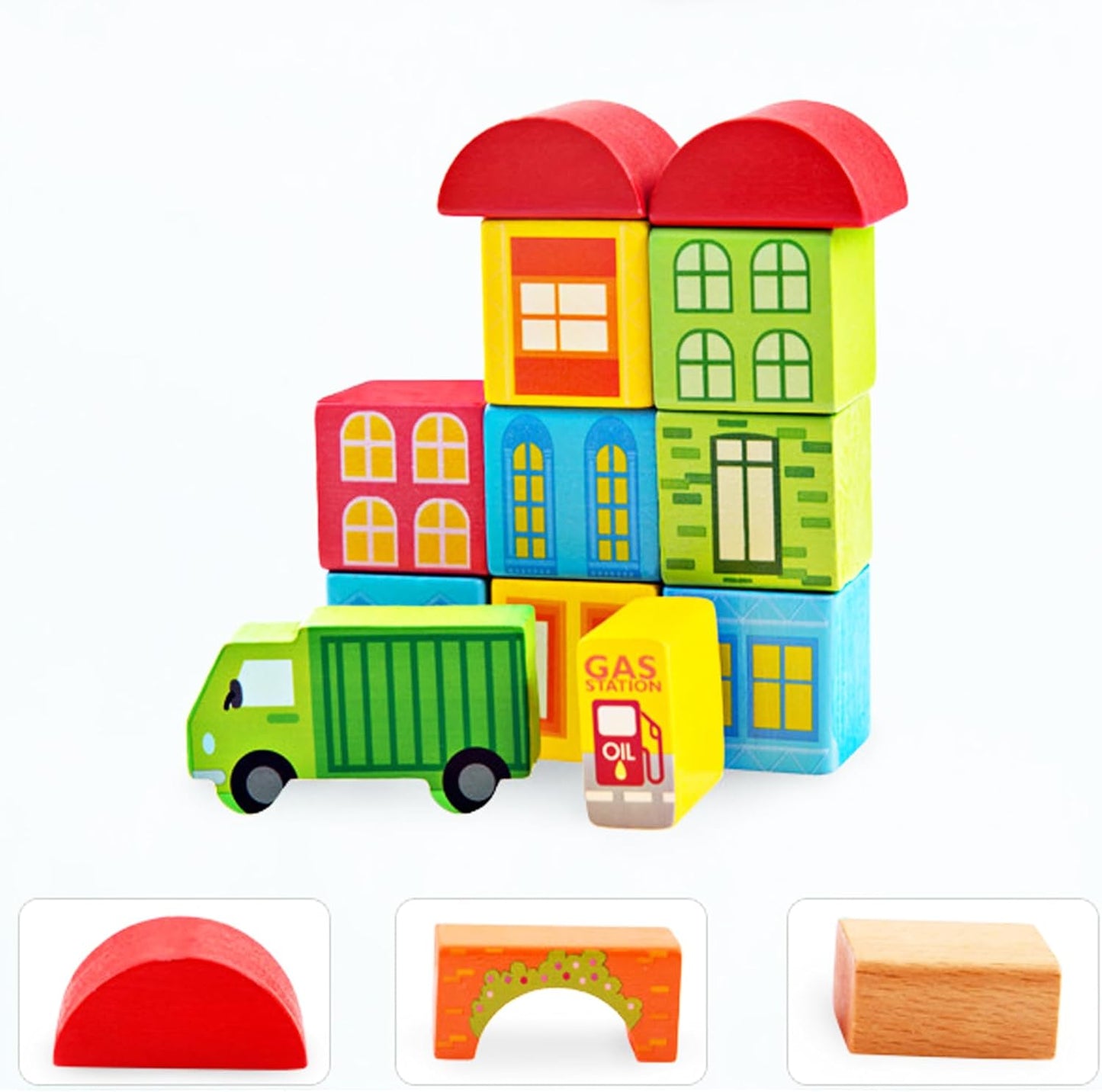 PowerTRC Wooden City & Transportation Colorful Building Blocks for Boys & Girls | Toddler Construction Stacking Toy Set with Storage Container (100 Pieces)