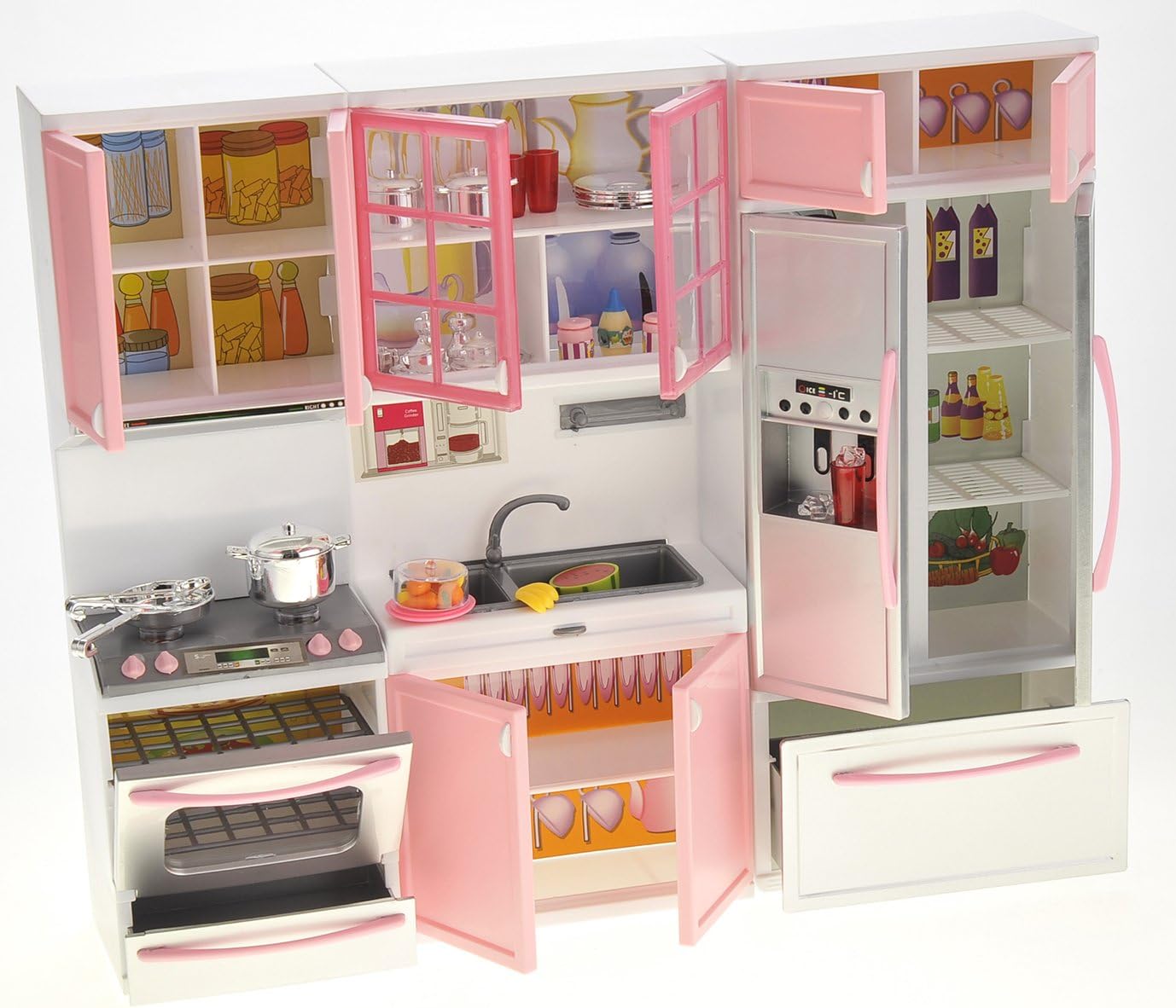 Doll Kitchen Play Set, Mini Modern Toy Pink Kitchen Pretend Play Furnitures Toy Set Accessories Set with Realistic Light & Sound for Kids Toddlers Girls (3-in-1)