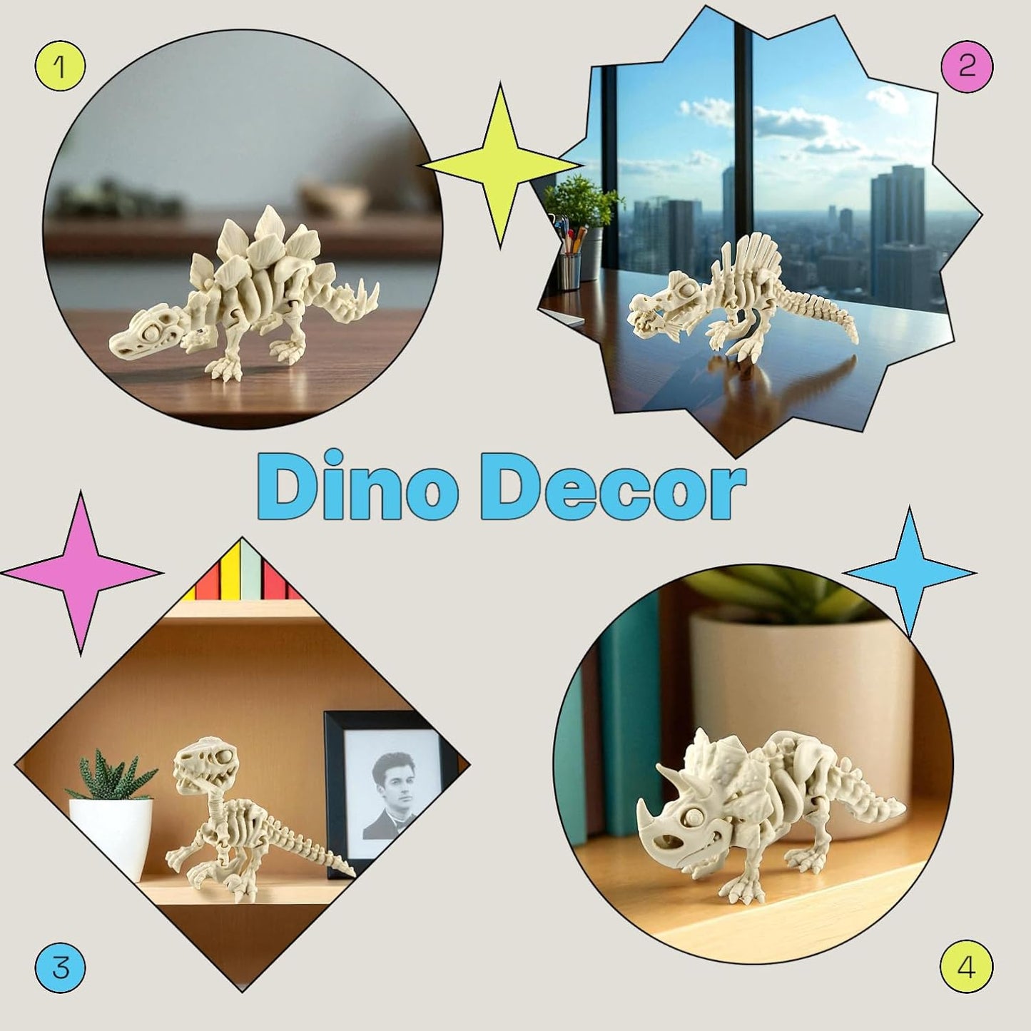 PowerTRC 5PCS 3D Printed Dinosaur Skeletons, T-Rex Triceratops Stegosaurus Velociraptor Spinosaurus Fidget Toys, 3D Printed Dragon Animals Toys, Articulated 3D Figurine Stress Relief Toy (Bone White)