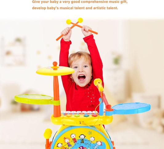 PowerTRC Deluxe 2 in 1 Keyboard and Drum Set Toy for Kids | Children's Musical Instrument Play Set Comes with Drum Set, Piano and Microphone | Colorful Lights and Sing-Along (Yellow)