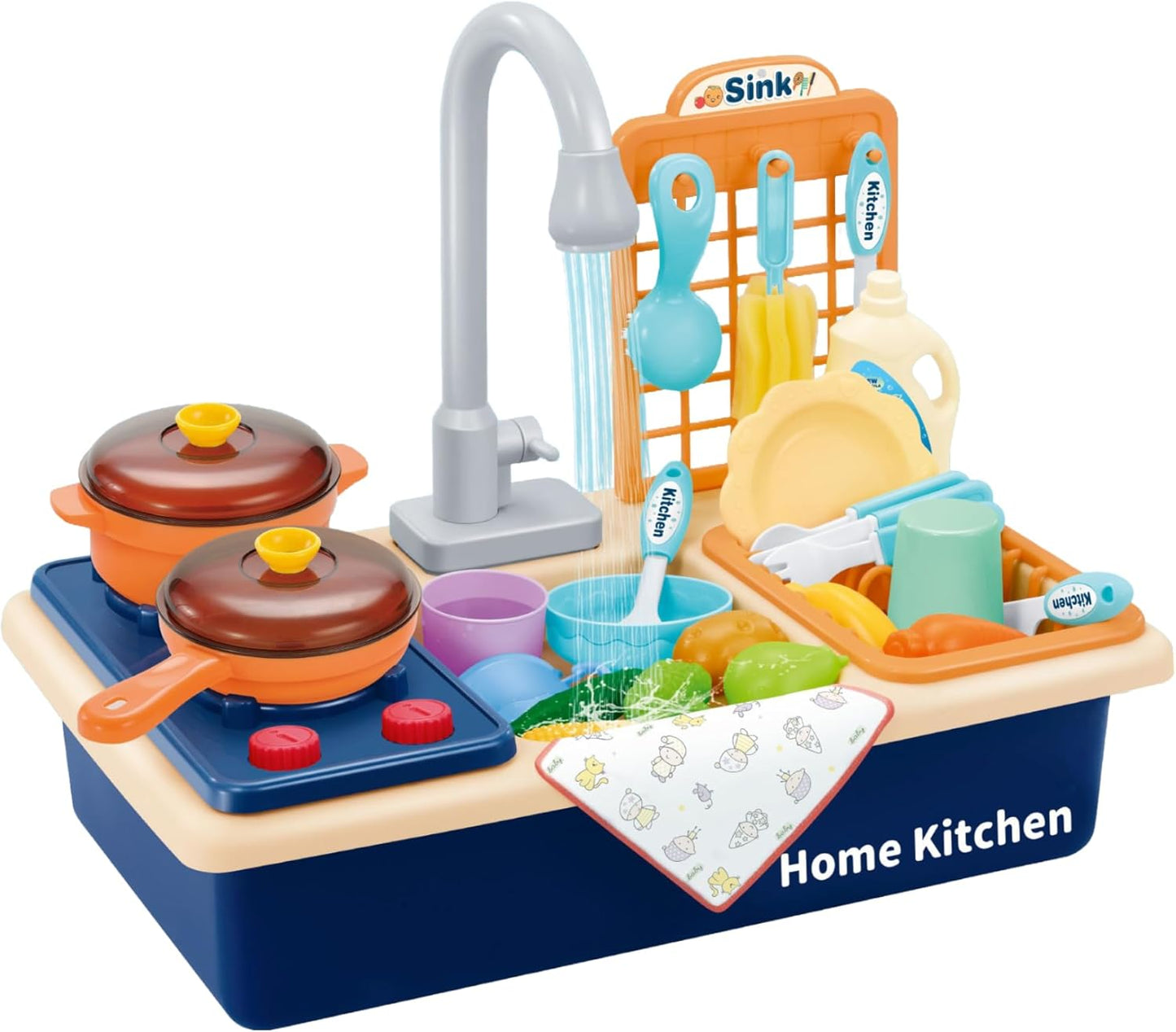 Pretend Kitchen Sink Play Set with Cooking Stove, Pots and Pans, Dishes and Cutting Food | Comes with Realistic Water Circulation and Spray | Lights and Sound (2 Sets)