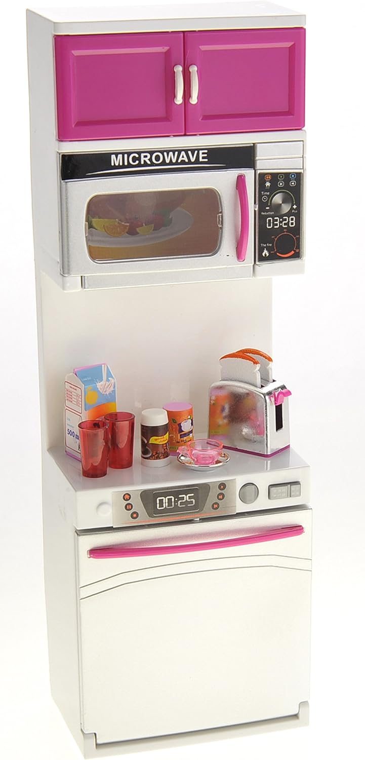 Doll Kitchen Playset, Mini Modern Kitchen Toys Pretend Play Furnitures Toy Sets Accessories Set with Realistic Light & Sound for Kids Toddlers Girls
