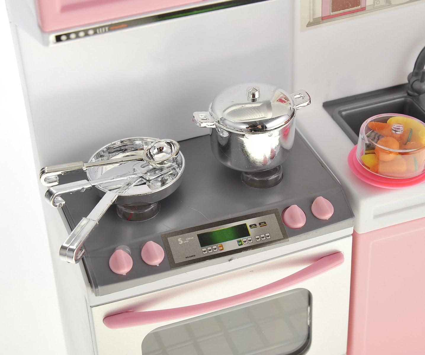 Doll Kitchen Play Set, Mini Modern Toy Pink Kitchen Pretend Play Furnitures Toy Set Accessories Set with Realistic Light & Sound for Kids Toddlers Girls (3-in-1)