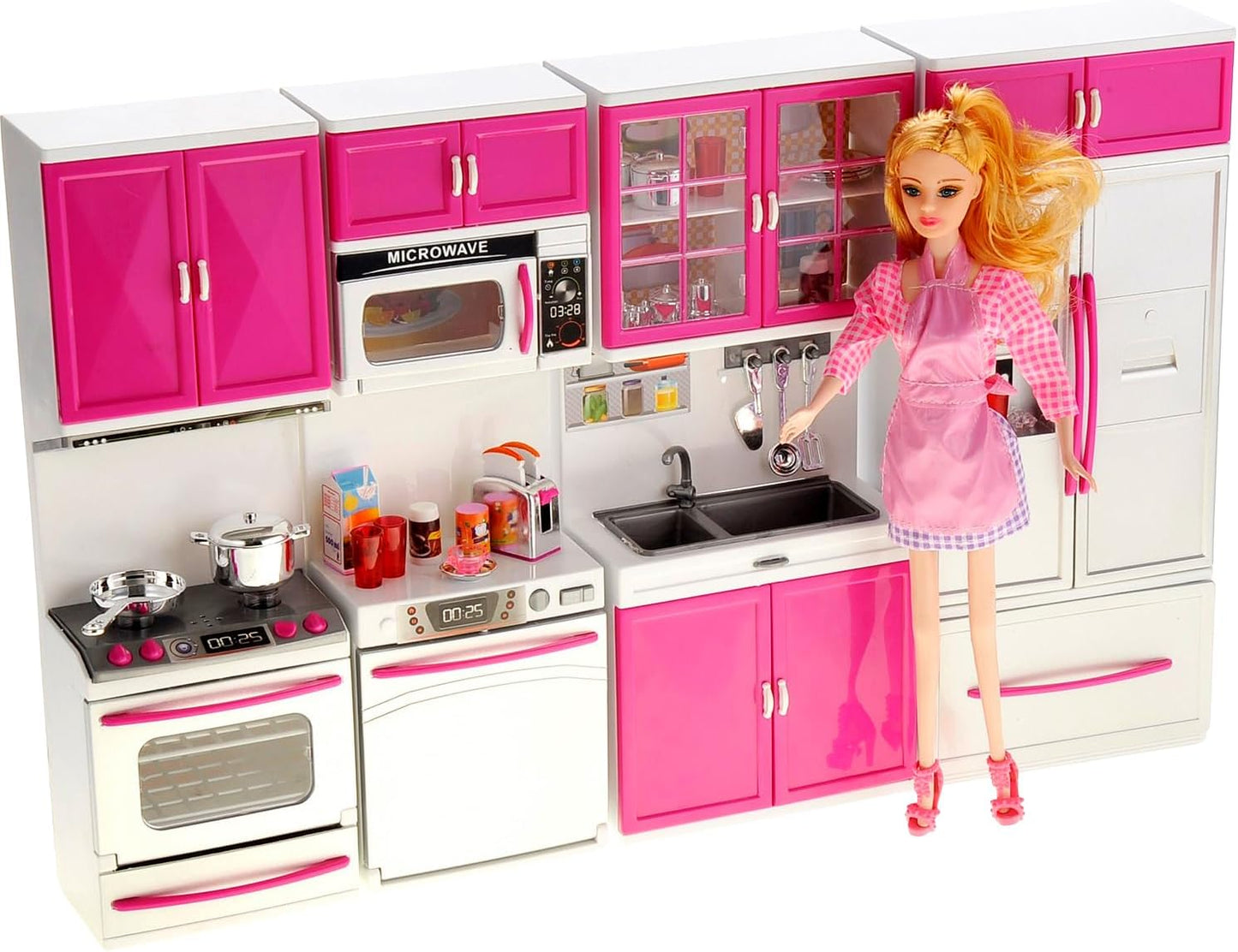 Doll Kitchen Playset, Mini Modern Kitchen Toys Pretend Play Furnitures Toy Sets Accessories Set with Realistic Light & Sound for Kids Toddlers Girls