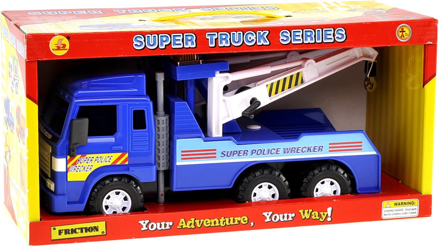 PowerTRC Tow Truck Toy for Kids | 13 inch Push & Go Realistic Friction Powered Police Wrecker with Adjustable Double Hook Christmas Toy Gift for Ages 3 & up (2 Sets)