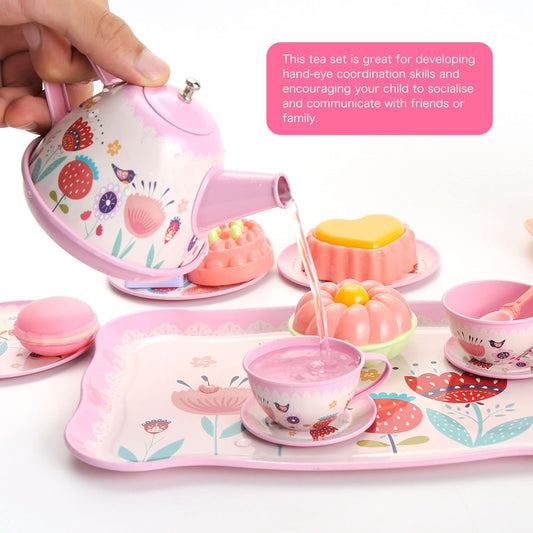 PowerTRC Tea Set for Little Girls, 48 Pcs Princess Tea Party Set for Toddlers 3 4 5 6 7 8 Years Old Girl Pretend Toys Birthday Gift with Tin Tea Set, Utensils, Desserts & Carrying Case