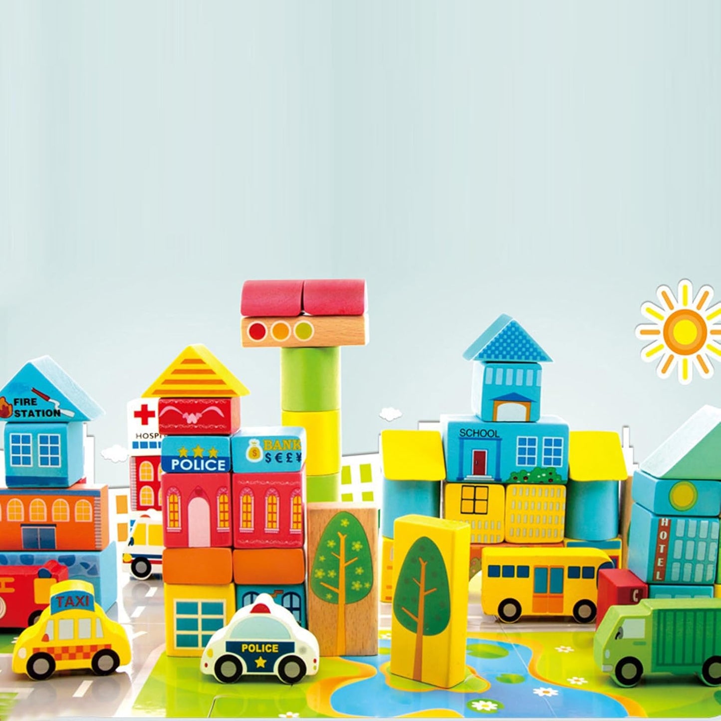 PowerTRC Wooden City & Transportation Colorful Building Blocks for Boys & Girls | Toddler Construction Stacking Toy Set with Storage Container (100 Pieces)