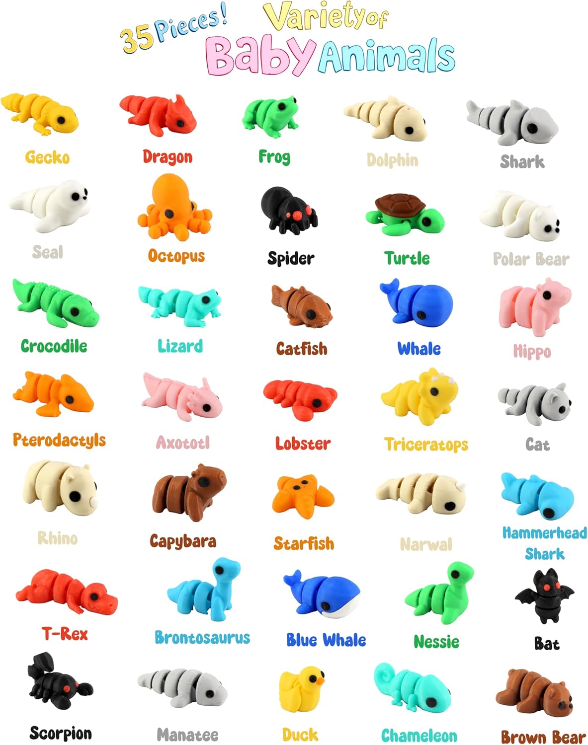 PowerTRC 35 Pcs 3D Printed Animals Set, 2 inches Mini 3D Printed Animals, Cute Pocket Pets Animal Figurine Toys, Articulated Flexible Fidget Toy for Desk Decoration, Goody Bag Stuffers