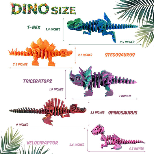 PowerTRC 5PCS 3D Printed Dinosaur Skeletons, T-Rex Triceratops Stegosaurus Velociraptor Spinosaurus Fidget Toys, 3D Printed Dragon Animals Toys, Articulated 3D Figurine Stress Relief Toy