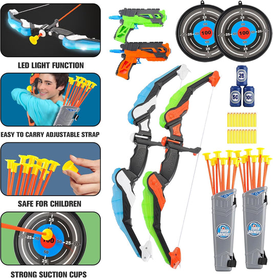 2 Pack Bow and Arrow Set for Kids 8-12, Suction Cup Bow and Arrow Game Set with Target Practice LED Light Up Kids Archery Set Outdoor Play Toys 2 Quivers 2 Blasters 20 Arrows & Darts