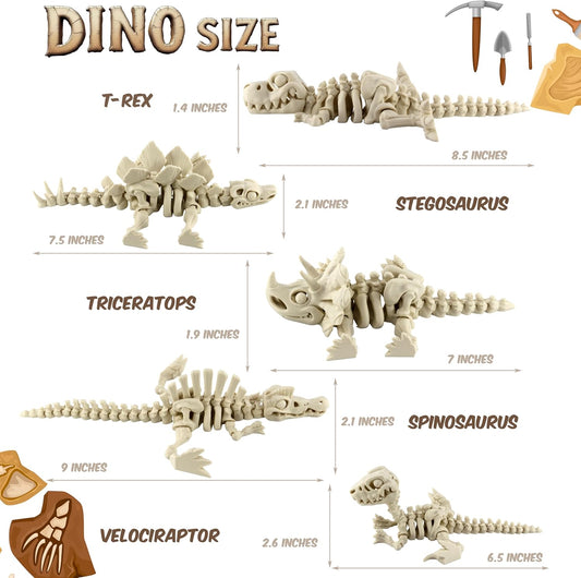 PowerTRC 5PCS 3D Printed Dinosaur Skeletons, T-Rex Triceratops Stegosaurus Velociraptor Spinosaurus Fidget Toys, 3D Printed Dragon Animals Toys, Articulated 3D Figurine Stress Relief Toy (Bone White)