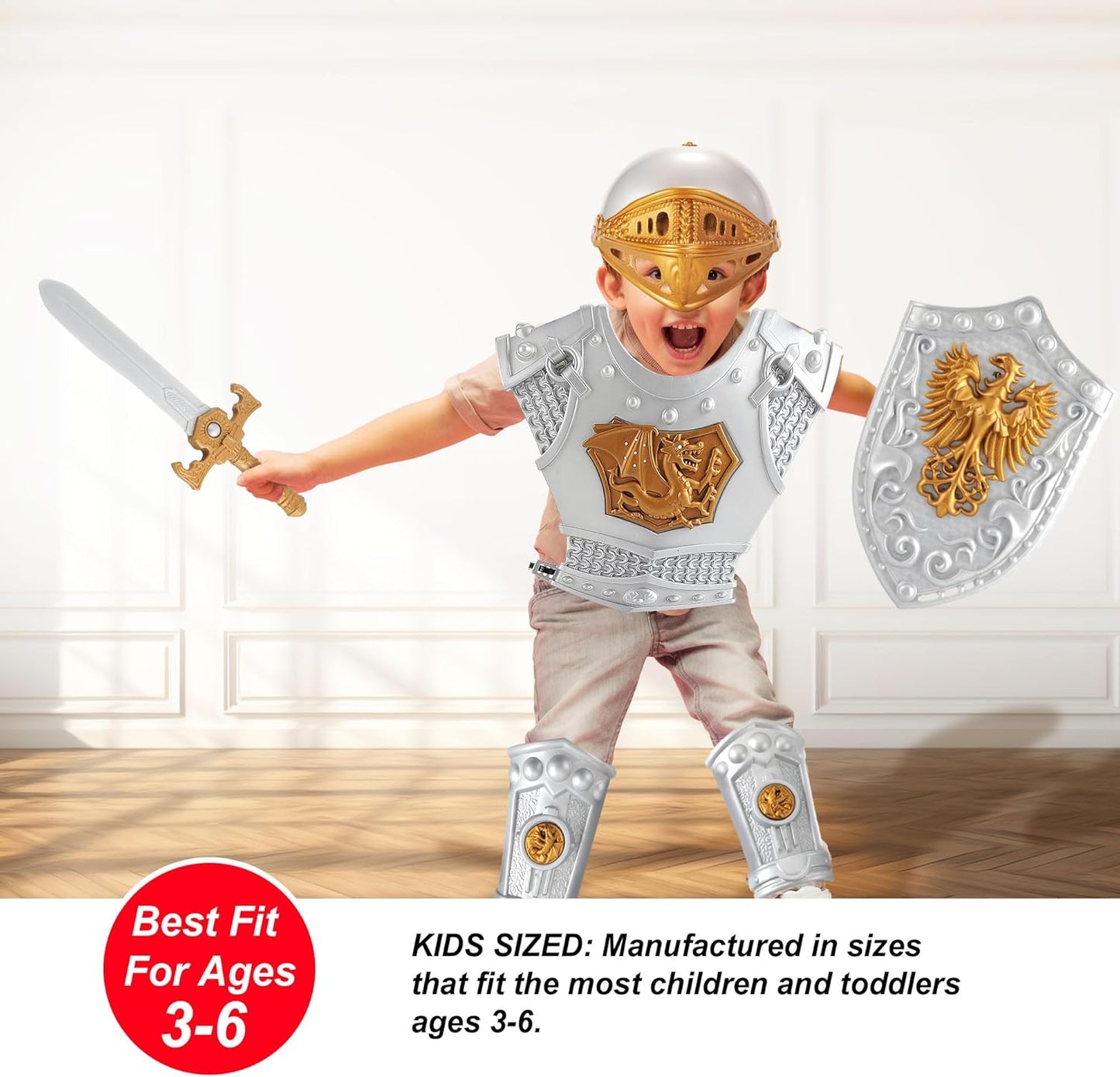 Medieval Knight in Shining Armor Toy for Kids with Helmet Swords Shields Accessories, Knight in Shining Armor Costume Pretend Role Play Cosplay School Party Halloween Dress Up