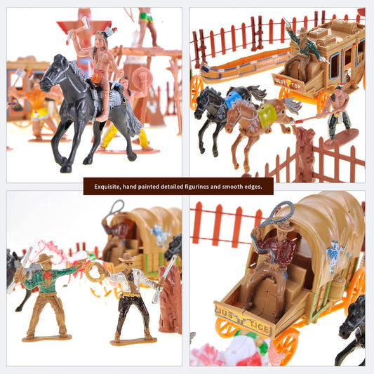 58 Pcs Wild West Cowboys and Indians Plastic Figures Toys Play Set, Toy Figure Action Soldiers and Native American Accessories Figure Playset Birthday Gift