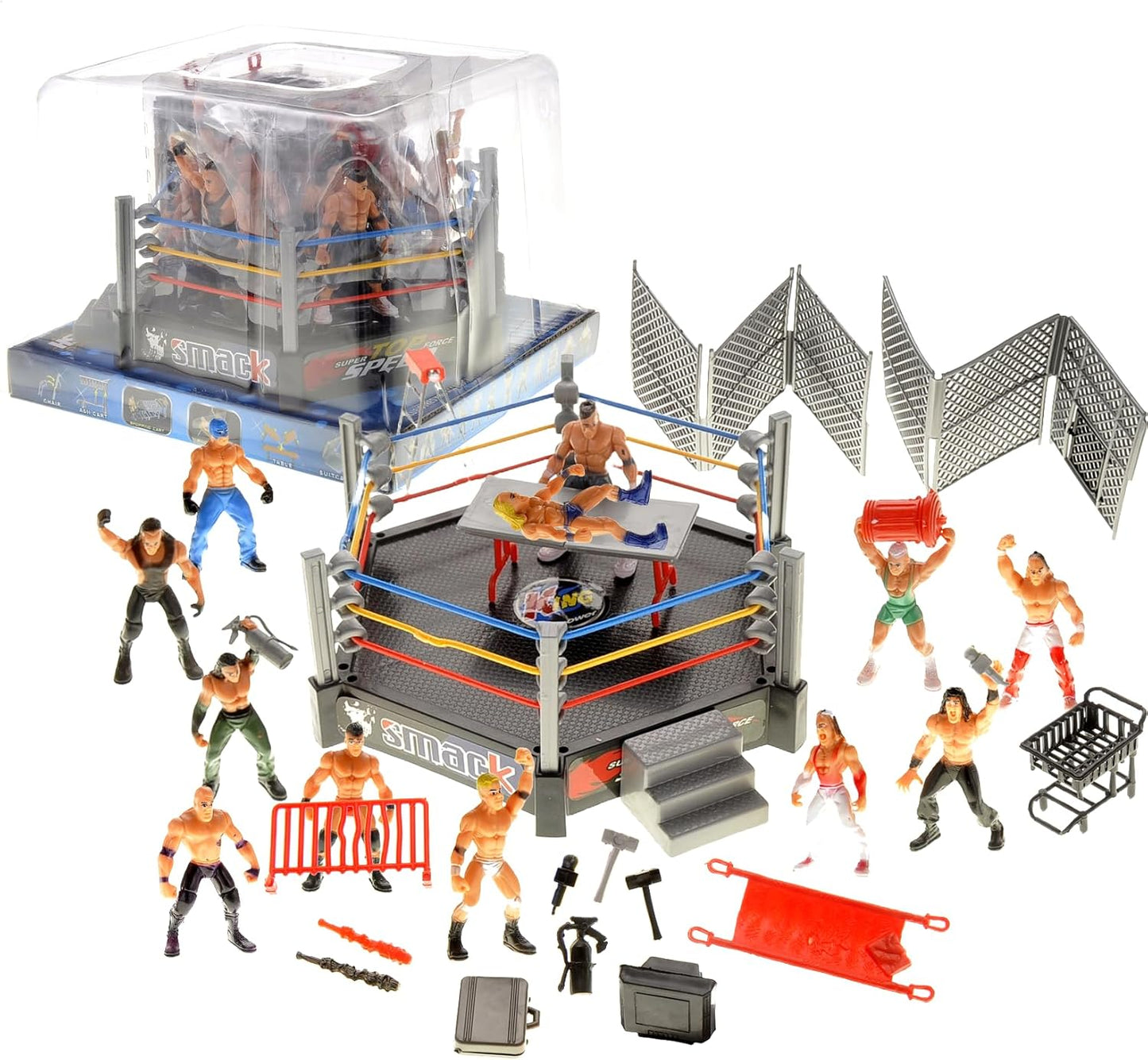 32 Pcs Wrestling Toys for Kids, Wrestler Play Set with 2 Wrestle Rings Style, 12 Super Wrestlers, Many Realistic Accessories, Toy Figures Cake Topper Birthday Party Decoration Play Set Gift