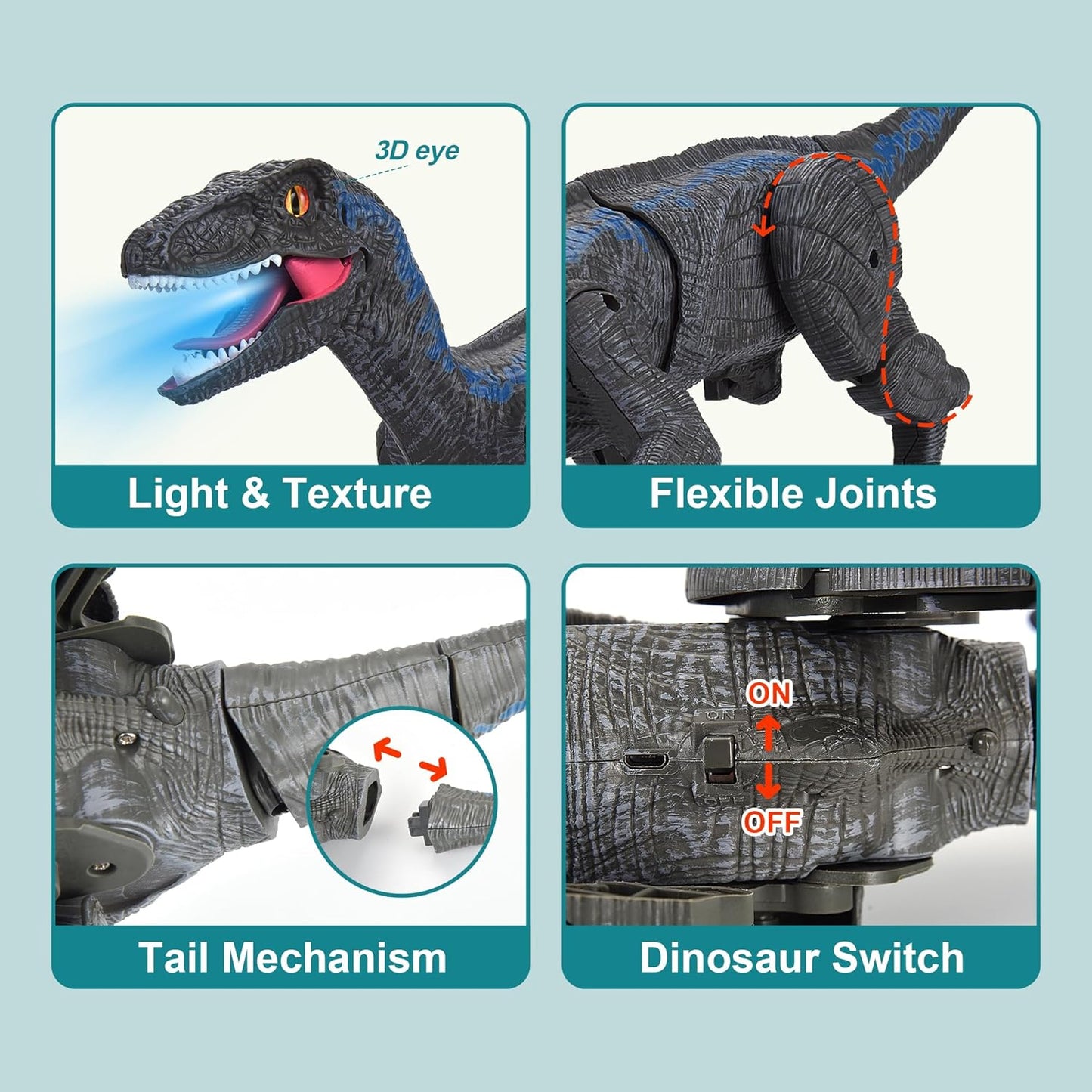 Remote Control Dinosaur for Kids Ages 3 4 5 6 7 8 9 10, RC LED Roaring Sound Rechargeable USB Port Realistic Outdoor 2.4G RC Dinosaur Toys Gifts for Boys Kids 3-10 Years Old Velociraptor Toys, Gray