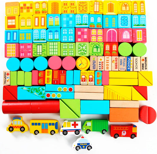 PowerTRC Wooden City & Transportation Colorful Building Blocks for Boys & Girls | Toddler Construction Stacking Toy Set with Storage Container (100 Pieces)