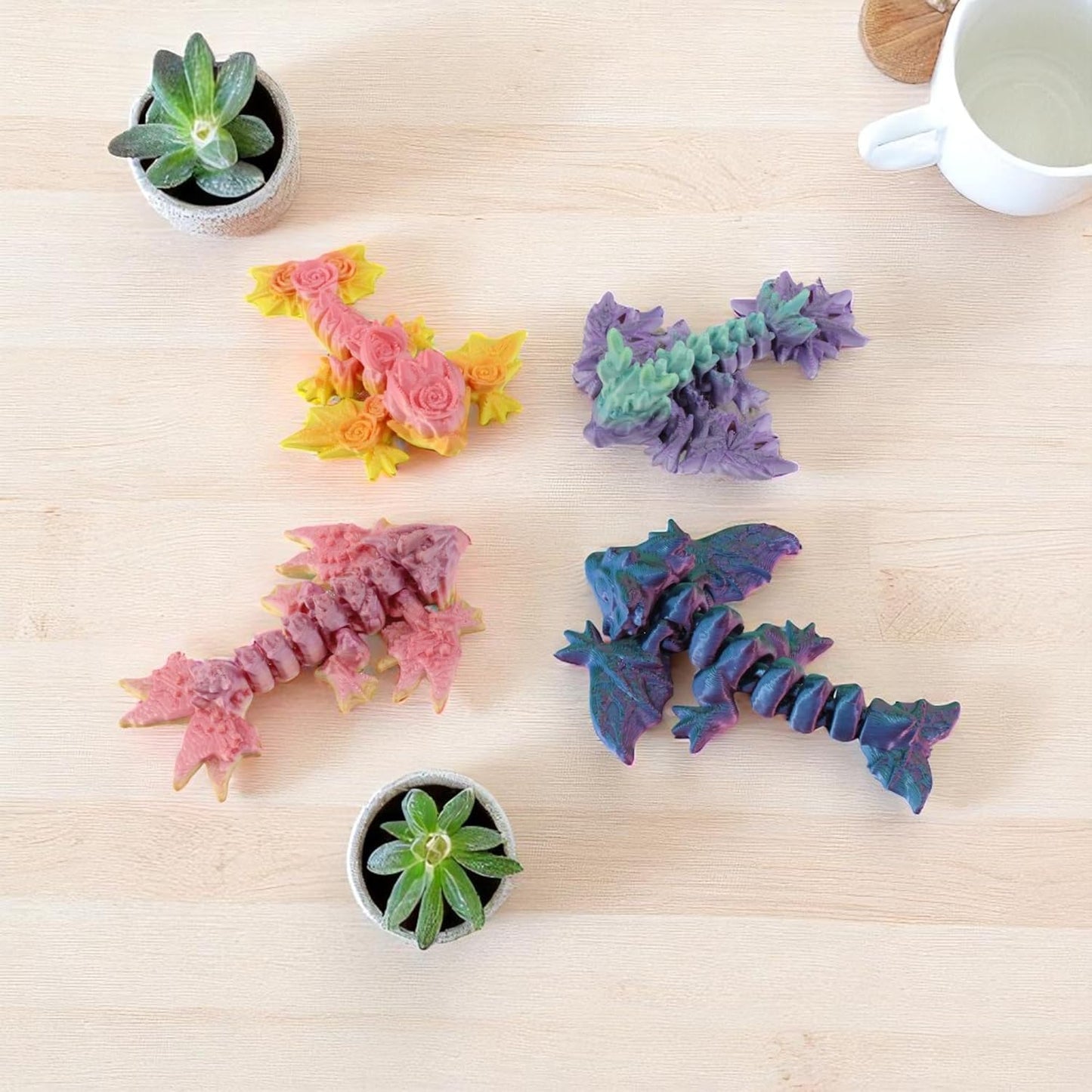 PowerTRC 3D Printed Cute Baby Dragon Wyverns (Pack of 10) – 3 Inch Articulated Desk Toys, Flexible Fidget Dragons, Party Favors, Gift Bag Fillers, Rainbow Mixed Colors with Drawstring Bag