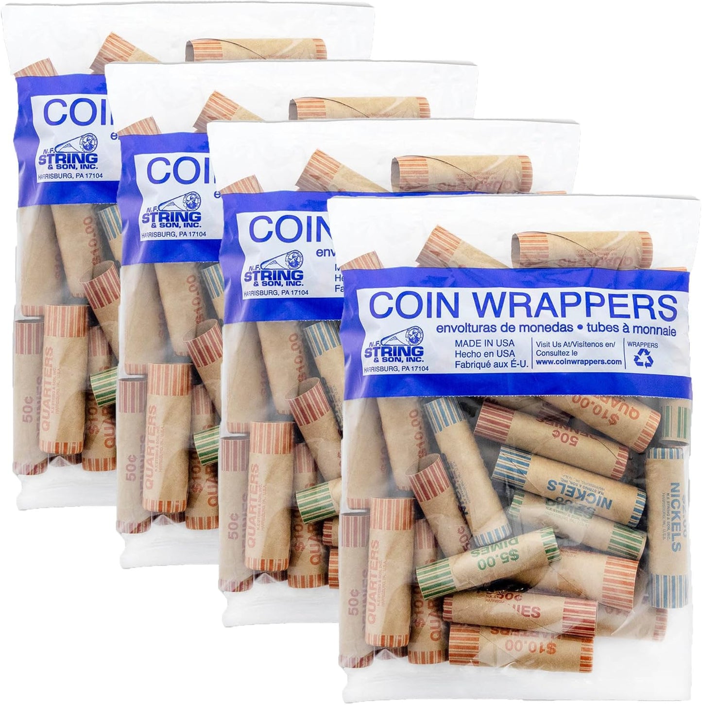 Assorted Coin Wrappers Rolls, Made in USA, Quarters Pennies Nickels Dimes, Durable Preformed Paper Coins Tubes (36/Pack), 1-Pack