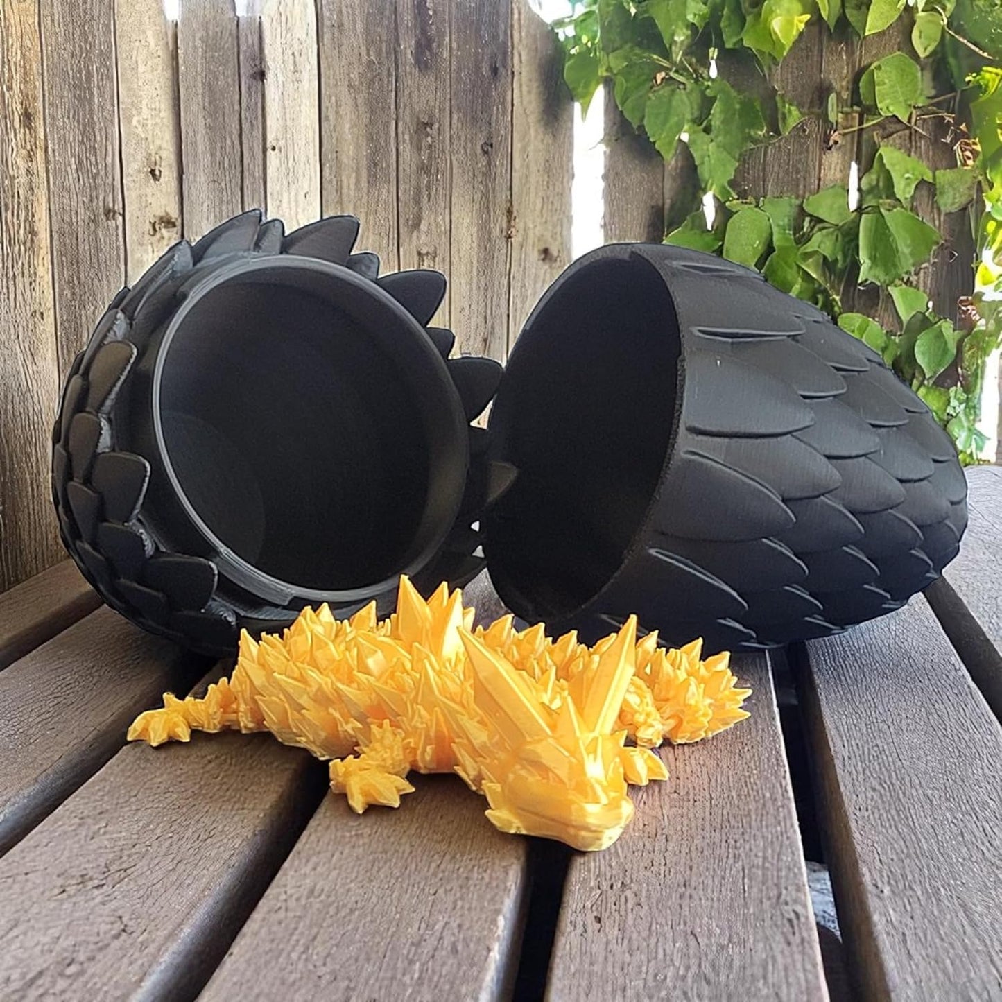 PowerTRC 3D Printed Dragon Egg with Dragon - Black Egg with Gold Dragon - Large Flexible Fidget 3D Printed Toy, Gift Bag Filler, Desk Decoration, Party Favor, Easter Basket Stuffers (12 Inch Dragon)
