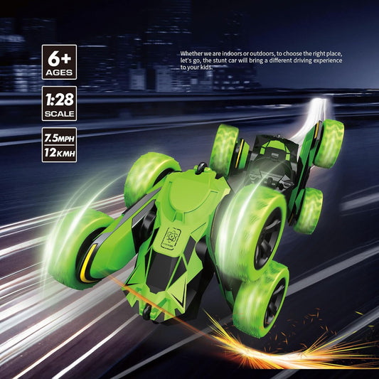 PowerTRC RC Stunt Remote Control Car 360° Rotating 4WD Double-Sided Flips Toy for Boys Girls Birthday Gift Green
